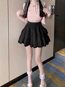 白色蕾絲蛋糕裙 女款夏季高腰 A 字顯瘦芭蕾風公主蓬蓬裙 - 黑色 - 查看 3