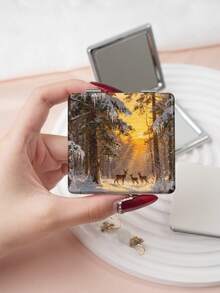 1PC Ins Series Portable Vanity Mirror, Foldable Lightweight Ultra-Thin Convenient Hand Mirror, PU Leather, Suitable For Multiple Scenarios And All People, Foldable Small Square Mirror, Pocket Mirror, Modern Style Snowy Landscape Puppy And Deer Printed Pattern Design, Exquisite Handheld 180° Flip Cover Multi-Function Mini Mirror - Multicolor - View 7