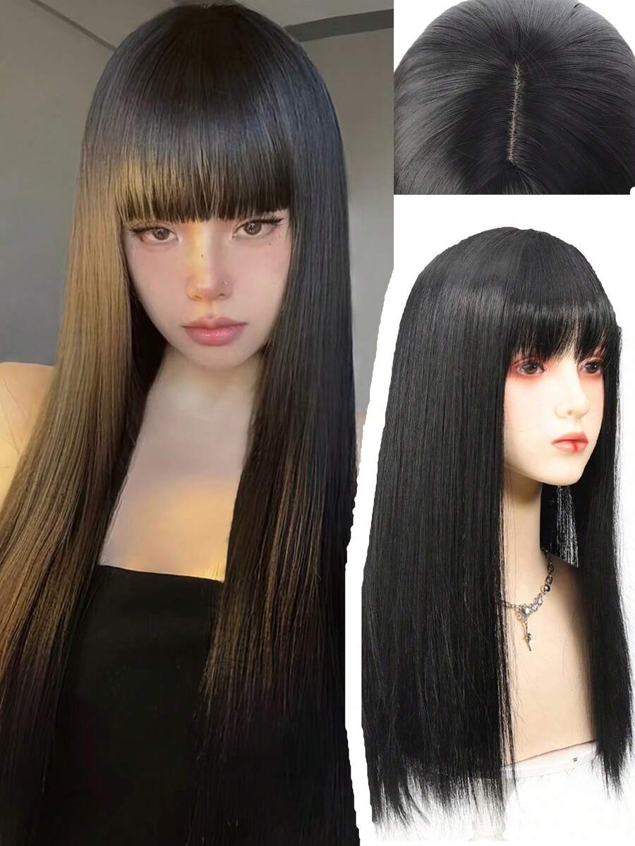 24 Inch Long Straight Black Synthetic Full Wig With Thick Bangs Heat Resistant Fiber For Women Y2K Style Silky Wig Daily Wear Cosplay Party Halloween - Multicolor - View 1