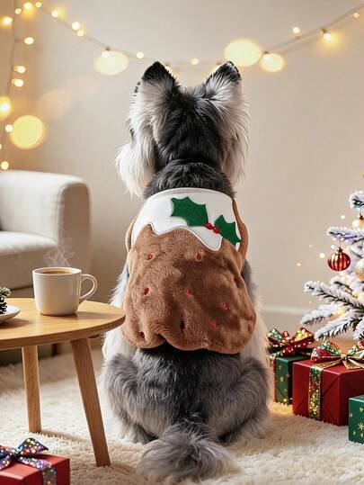 PETCIRCLE 1PC Pet Clothes European And American Style Japanese And Korean Style Dog Cat Small Dog Puppy Happy Puppy Outdoor Cute Pet Autumn/Winter Plush Sleeveless Cute Design Christmas Pudding Transformation Costume