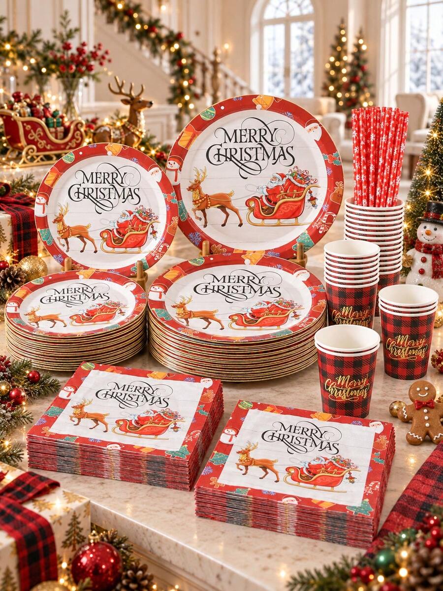 120PCS Christmas Disposable Paper Tableware Set, Includes 7-Inch And 9-Inch Plates, Paper Cups, Napkins And Straws; Pattern Designs Cover Santa Claus, Reindeer Sleigh, Buffalo Plaid, Snowman And Christmas Tree, Suitable For Christmas Party, Holiday Dinner, Winter Celebration And Various Party Events. - Multi-color 2 - View 1