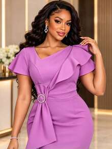 AOMEI Women's Elegant Asymmetric Collar Layered Ruffle Mid-Length Dress, Short Sleeve Large Bow Fitted Formal Party Wedding Guest Gown - Lilac Purple - View 2
