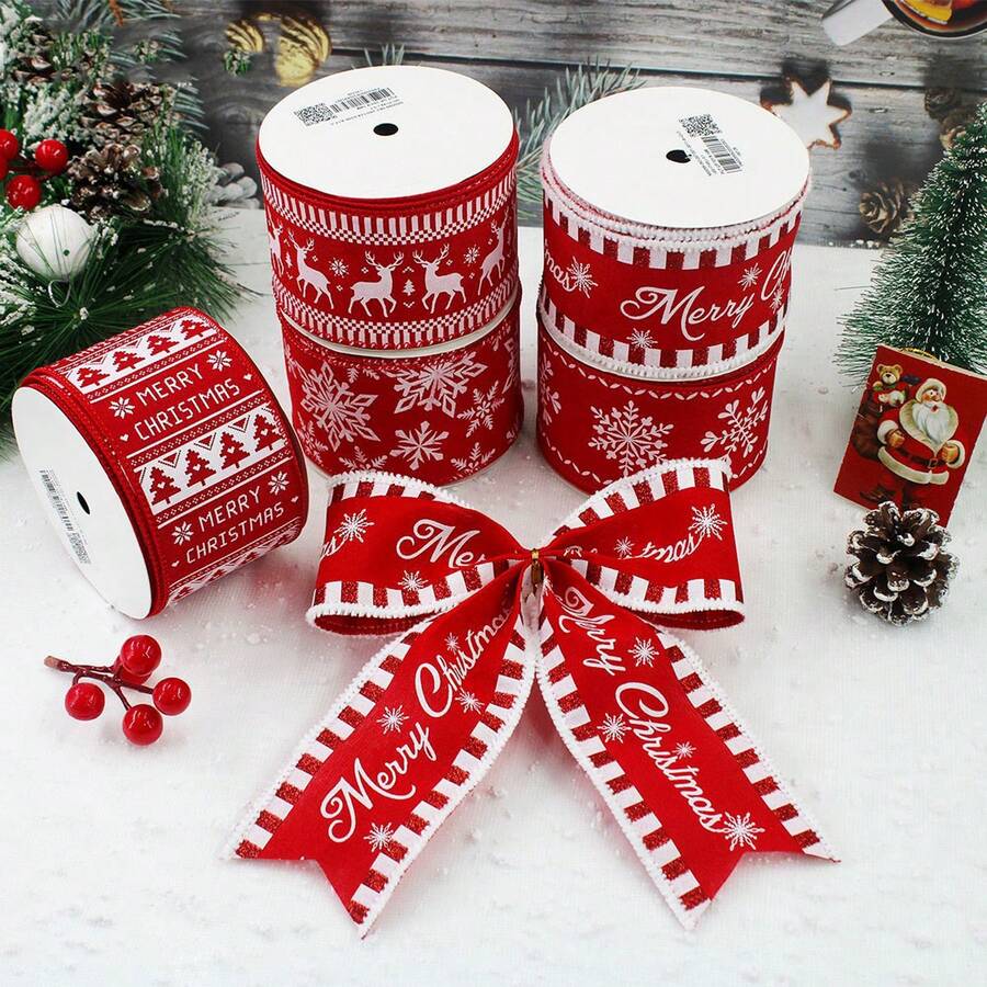Nordic Vintage Christmas Sweater Style Wire Edge Ribbon, Holiday Gift Box Packaging Decoration Webbing, Suitable For Christmas Wreath DIY, Gift Box Bundling, Christmas Tree Decoration, Wine Bottle Packaging, Holiday Bow Handmade Craft - Multicolor - View 1