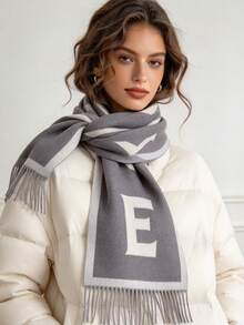 1pc Oversized Letter Jacquard Tassel Warm Scarf 195*65cm, Thick Brushed‑Polyester Faux Cashmere, Fall Winter Multi‑Use As Scarf Shawl For Travel Party - Multicolor - View 11