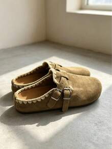 Women's Casual Buckle Lace-Up Flat Closed-Toe Half-Slip Mule Shoes For Home - Khaki - View 1