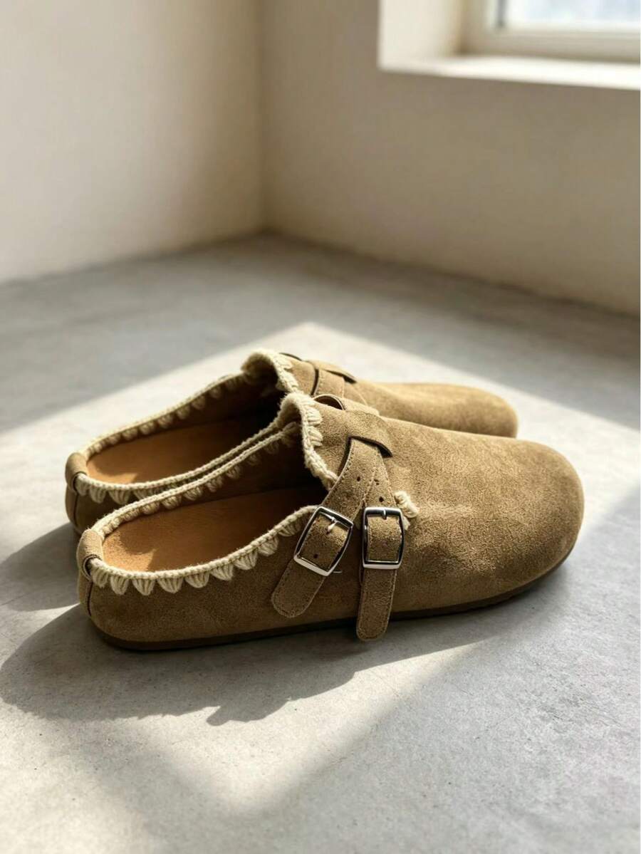 Women's Casual Buckle Lace-Up Flat Closed-Toe Half-Slip Mule Shoes For Home - Khaki - View 1