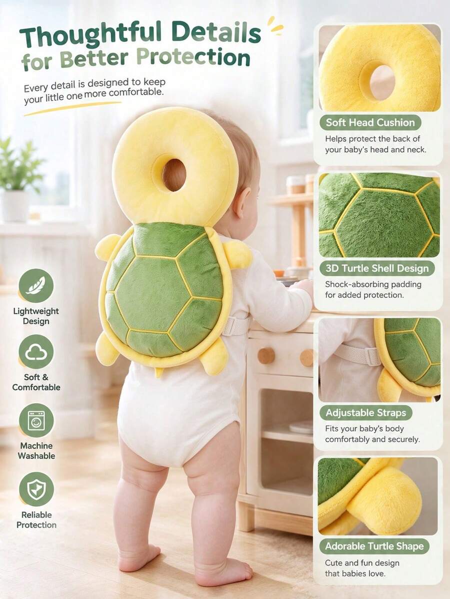 Upgraded Baby Protective Pillow, Thickened And Widened Baby Head Protection Pillow For Crawling And Walking, Adjustable, Breathable, Non-Stuffy, Baby Head Protection Pillow, Baby Walking Supplies, Upgraded Thickened Cartoon Turtle Design Protective Head Cushion - Yellow-green - View 1