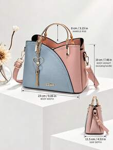 1pcsWomen's Fashion Colorblock Handbag, Pink Blue Tote Purse With Metal Handle, Adjustable Shoulder Strap, Crossbody Bag For Work, Travel & Dailyset - Multicolor - View 5