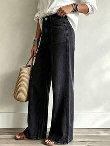 New Fashion Women Loose Fit Elastic Waist Wide Leg Jeans, High Quality Casual Clothing Spring Black Fall - Black - View 5