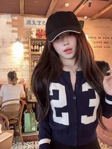 American Retro Sexy Hot Girl College Style Digital Jacquard Knit Cardigan, Contrast White Striped Cuffs, Versatile Layering Top - Royal Blue - View 1