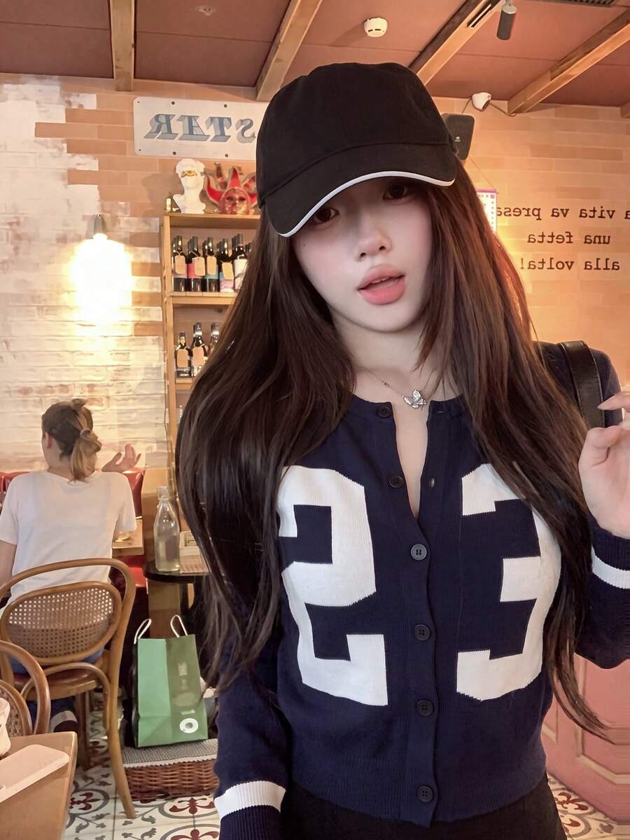 American Retro Sexy Hot Girl College Style Digital Jacquard Knit Cardigan, Contrast White Striped Cuffs, Versatile Layering Top - Royal Blue - View 1