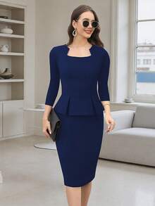 HOMEYEE Square Neck 3/4 Sleeve Retro Casual Business Professional OL Bodycon Dress Elegant Spring - Navy Blue - View 1