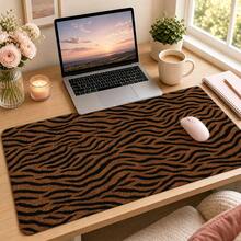 Brown Black Tiger Stripe Extended Mouse Pad, Plush Animal Pattern Textured Large Desk Mat With Non-Slip Base, Smooth Cloth & Natural Rubber For Office Gaming Home Study Workspace, 4 Sizes Available - View 1