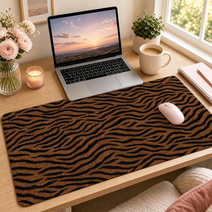 Brown Black Tiger Stripe Extended Mouse Pad, Plush Animal Pattern Textured Large Desk Mat With Non-Slip Base, Smooth Cloth & Natural Rubber For Office Gaming Home Study Workspace, 4 Sizes Available - View 1