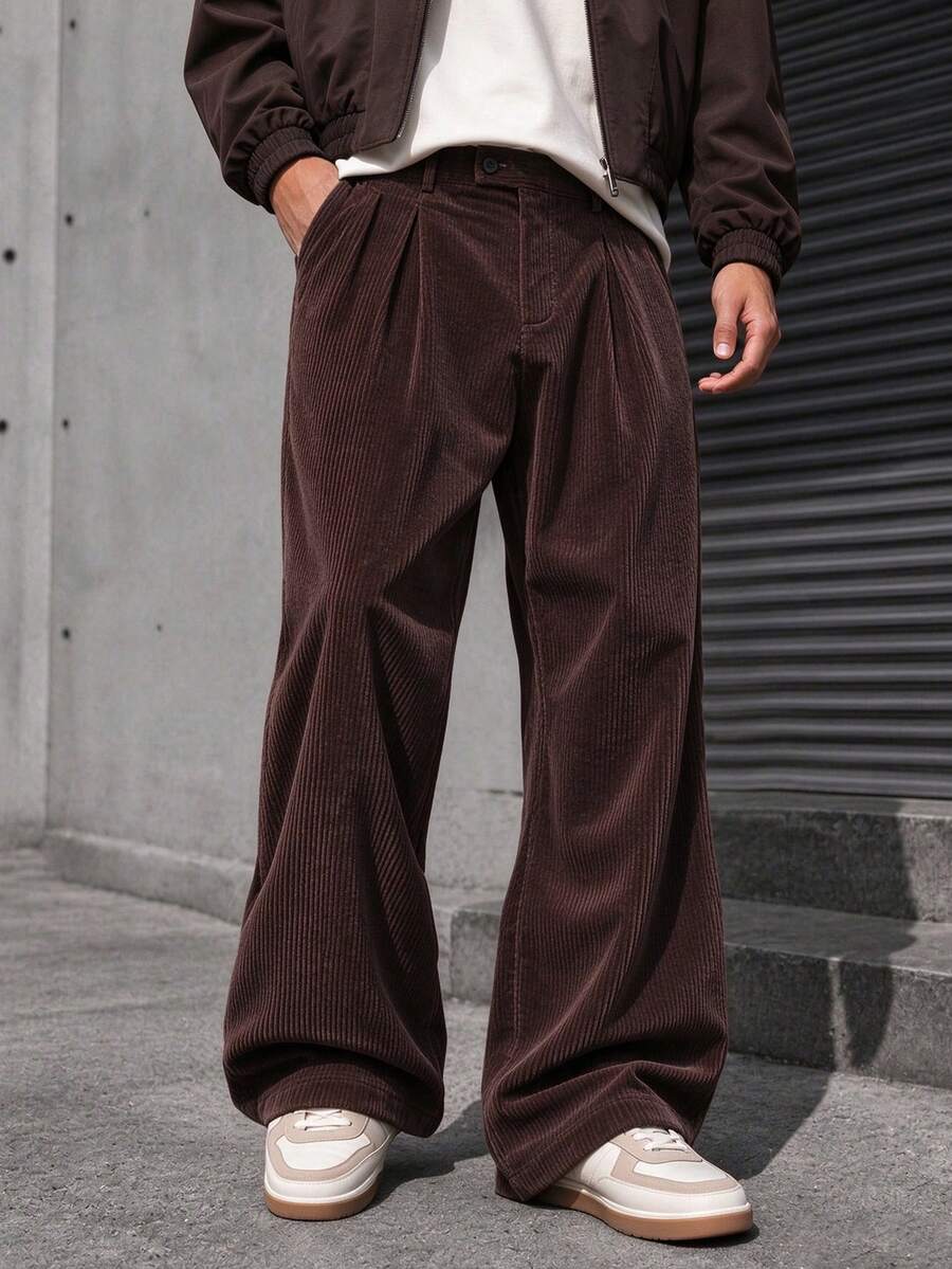 Men's Corduroy Wide Leg Pants, Comfortable Casual Loose Fit Solid Color Versatile Long Pants, Suitable For Spring And Autumn, Street Style, Business Casual Men's Pants - Coffee Brown - View 1