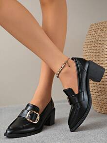Vintage Pointed Toe Chunky Heel Loafers With Metal Buckle Decor, High Heel Women's Shoes For Office Commute And Formal Wear - Black - View 2