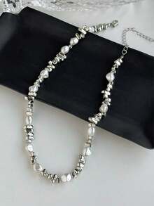 1pc Asymmetrical Faux Pearl CCB Necklace Choker, Suitable For Women's Daily Commute, Shopping, Dating, Great Gift For Girlfriends/Family/Friends - Silver - View 3