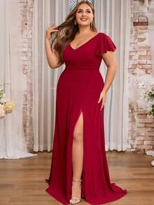 Plus Size Women's Chiffon Slit Ruffle Short Sleeve Elegant Bridesmaid Dress - Burgundy - View 4