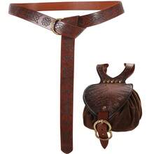 Medieval Viking Costume Accessories Set Pu Leather Embossing Waist Belt With Leaf-Shaped Drawstring Coin Purse Halloween Cosplay Props - A - View 11
