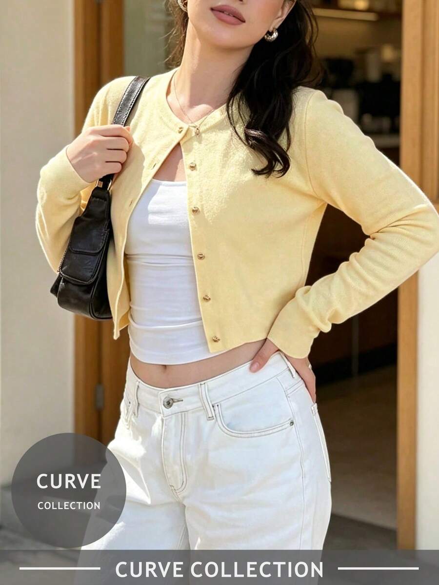 Women's Plus Size Vintage Short Knit Cardigan, Long Sleeve Button Front Top, Suitable For Autumn - Yellow - View 1