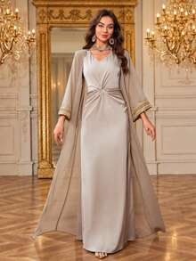 V-Neck Waist Twist Bodycon Midi Modest Dress And Embroidered Trim Belted Maxi Satin Jacket Set - Apricot - View 2