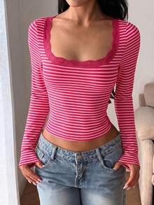 Women's Elegant Elegant Vacation Striped Slim Fit Lace Patchwork Top - Hot Pink - View 4