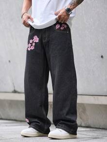1pc Men's Jeans, Multi-Craft Embroidery Design, Simple & Versatile, Fashionable Suitable For All Seasons - Black - View 2