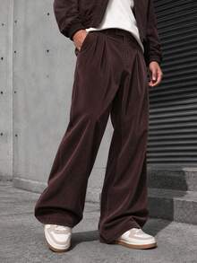 Men's Corduroy Wide Leg Pants, Comfortable Casual Loose Fit Solid Color Versatile Long Pants, Suitable For Spring And Autumn, Street Style, Business Casual Men's Pants - Coffee Brown - View 3