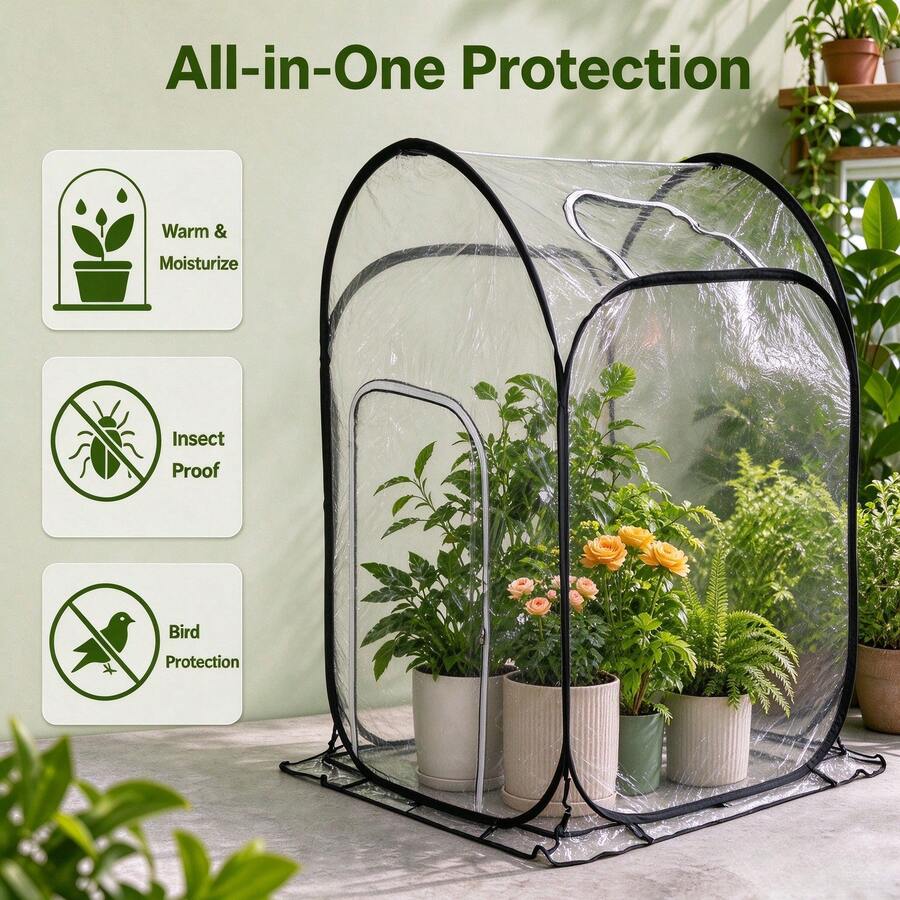 1 Pc Portable Pop-Up Mini Greenhouse PVC Plant Winter Frost Insect Bird Protection Cover With Zipper Window For Indoor Outdoor Plant Growing