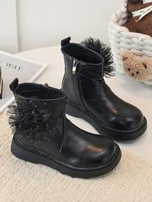 Girls' Ankle Boots, Mesh Flower Decoration, Side Zipper, Thick Sole Anti-Slip, Autumn/Winter Princess Boots - Black - View 5