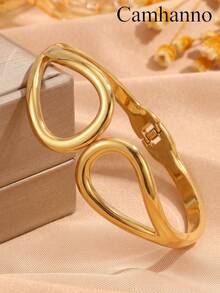 Camhanno 1pc Women's Geometric Double Circle Spring Bracelet - Stainless Steel With 18K Gold Plated , Simple And Premium Everyday Accessory - Multicolor - View 8