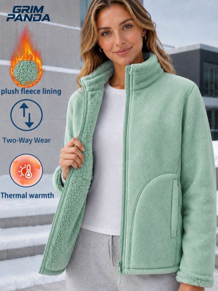 GRIM PANDA Women's Reversible Fleece Jacket, Double-Sided Soft Shell Coat With Zipper Pockets, Stand Collar Fleece Sports Fall - Green - View 1
