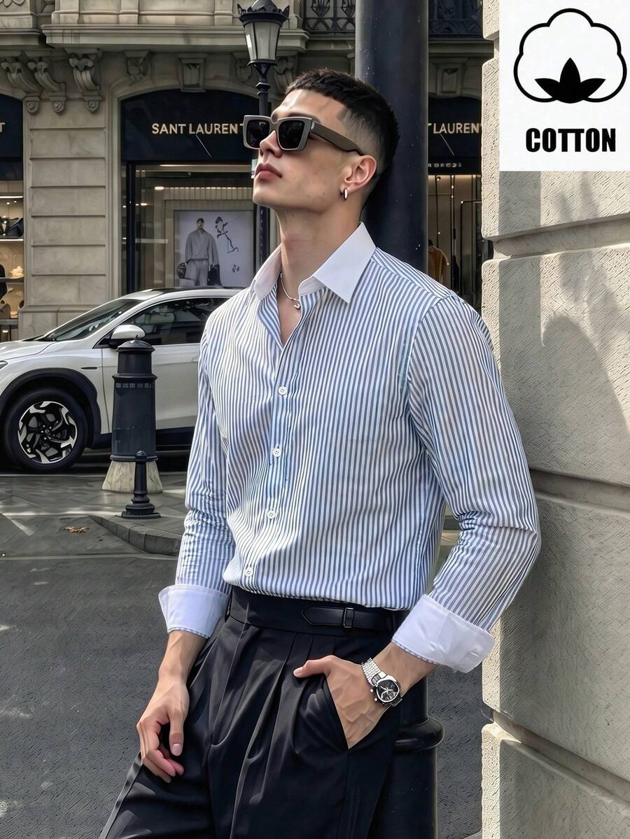 WAIT HIM Men's Business Style Premium Color-Block Striped Dress Shirt Made Of Traceable Cotton - Blue and White - View 1