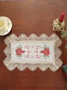 ABEST6522 Home&Living store 1pc Christmas Candle And Poinsettia Embroidered Table Runner, Hollow Carved Design, Vintage Christmas Table Decor, Suitable For Dinner Party, Family Gathering, Home Holiday Decoration - Multicolor - View 11