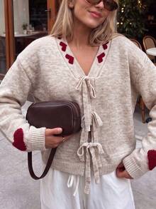 Women's Knitted Lace-Up V-Neck Cardigan, Decorated With Red Heart Pattern, Long Sleeve Design, Perfect Choice For Autumn Outfit. - Apricot - View 3