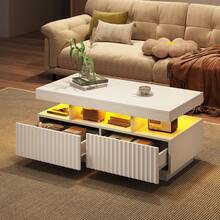Flieks Coffee Table With LED Lights, 2drawers, Ribbed Decorative Centre Table, Sofa Side Table, Rectangle Coffee End Table For Living Room, Office, 100*50*45cm, White, Particleboard - White - View 5