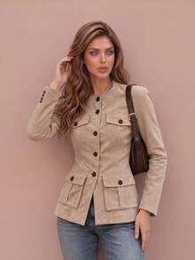 Women's Round Neck Vintage Suede Fitted Coat, Regular Length, Multiple Flap Pockets, Fall Winter Commute Outerwear - Khaki - View 3