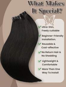 Ink Black Hole Weft Human Hair Extensions Straight Hair Double Label Butterfly Weft Natural Invisible Hole Weft Micro Ring Human Hair Extensions Seamless PU Tape Hair Extensions - Natural Black - View 5