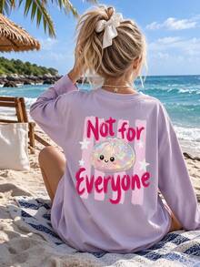 Big Girls Cute "Not For Everyone" Back Print Long Sleeve T-Shirt, Japanese Style Cute Glitter Dumpling Cartoon Pattern Purple Top, Casual Daily Campus Outfit - Mauve Purple - View 7
