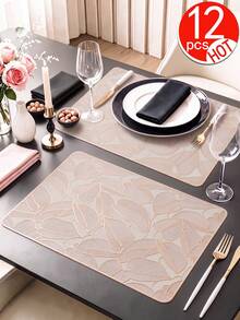 2-12pcs Gold Green Leaf Placemats, PVC Material Minimalist Style Foil Stamping Craft Vase Mat, Table Decor, Washable, Easy To Clean, Wipeable, Non-Slip, Heat Resistant, Table Mat, Suitable For Room Decoration, Home Table Decoration, Home Decor, Holiday, Party, Birthday, Wedding And Dinner - Multicolor - View 8