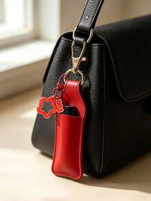 Sweet Style PU Leather Lipstick Holder Keychain, Bag Charm Accessory With Transparent Bear And Star Candy Pendant, Built-In Card Slot For Lipstick/Lip Balm, Lobster Clasp Design For Easy Attachment To Bag Exterior, Exquisite Girly Design, Compact And Space-Saving, Functional Storage And Decorative Bag Charm - Multicolor - View 1
