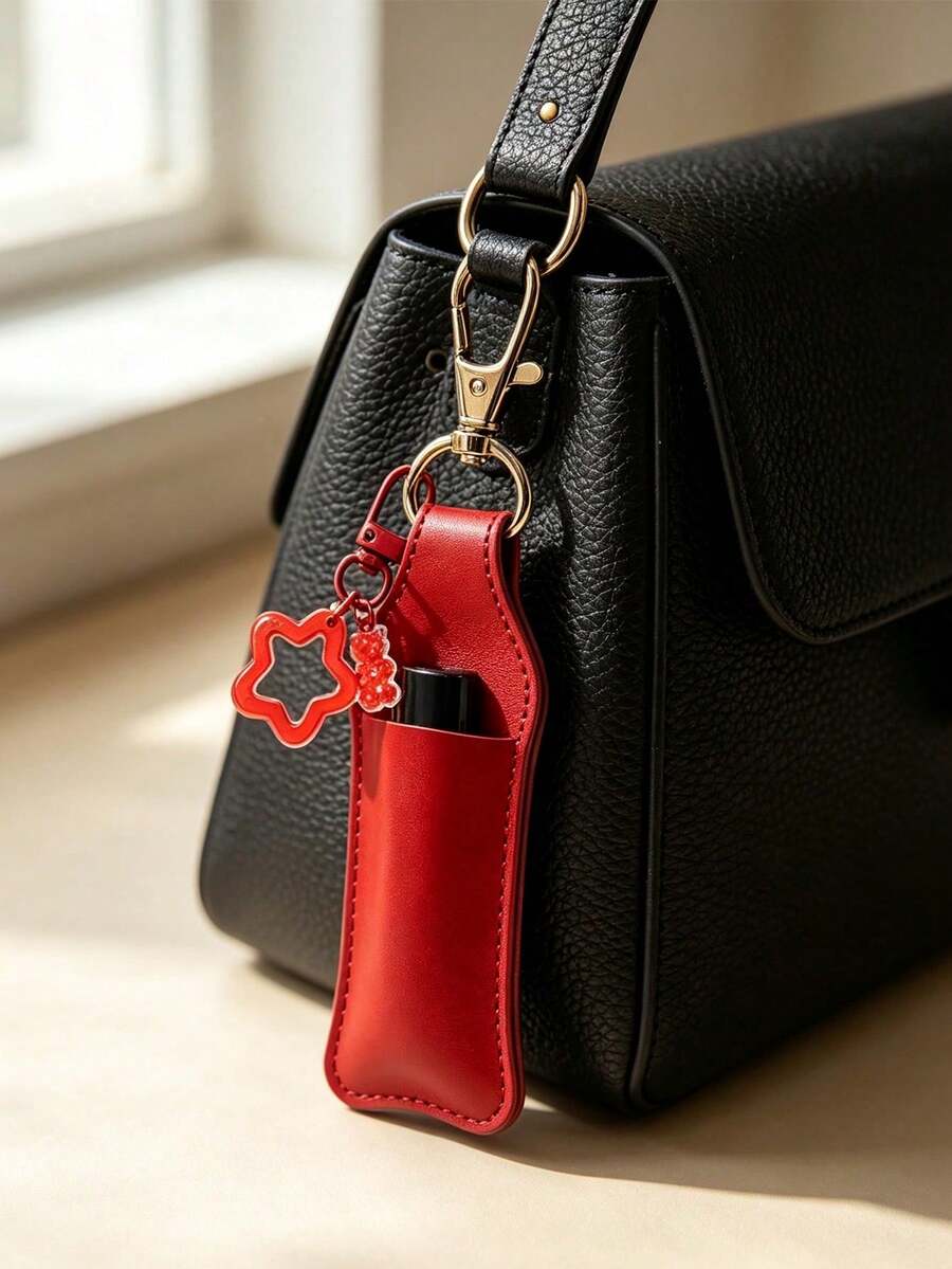 Sweet Style PU Leather Lipstick Holder Keychain, Bag Charm Accessory With Transparent Bear And Star Candy Pendant, Built-In Card Slot For Lipstick/Lip Balm, Lobster Clasp Design For Easy Attachment To Bag Exterior, Exquisite Girly Design, Compact And Space-Saving, Functional Storage And Decorative Bag Charm - Multicolor - View 1