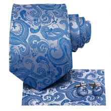 4Pcs Men Formal Suit Accessory Kit, Blue Paisley Jacquard Tie, Pocket Square, Cufflinks & Tie Clip, Random Cufflink Design - Blue - View 4