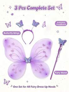 3pcs Cute Polyester Angel Butterfly Wings Set, Includes Headband And Magic Wand, Suitable For Party Supplies, Stage Performance Props, Cosplay Costume Accessories, Perfect For Dance, Halloween And Other Occasions - Multicolor - View 3