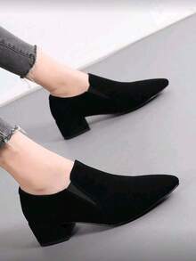 Women's Pointed Toe Low-Cut Suede High Heels, New Chunky Heel Fairy Style Fashion PU Material Versatile High Heels - Black - View 2