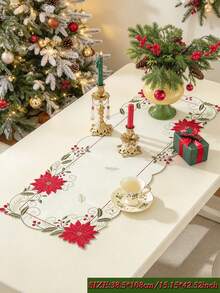 ABEST6522 Home&Living store 1 buah Taplak Meja Bordir Poinsettia Natal, Campuran Poliester dan Linen, Bendera Meja Meriah, Dekorasi Meja Makan Liburan Natal untuk Pesta Pernikahan dan Dekorasi Rumah - MultiWarna - View 8