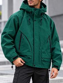 1pc Phantom Green Hooded Techwear Jacket, Men's Loose Fit Lightweight Woven Fabric, Multiple Zipper Pockets, Drawstring Hood, Hook And Loop Cuffs, Adjustable Hem, Outdoor Casual Windproof Jacket, Suitable For Hiking, Camping, Commuting, Autumn Wear - Green - View 4