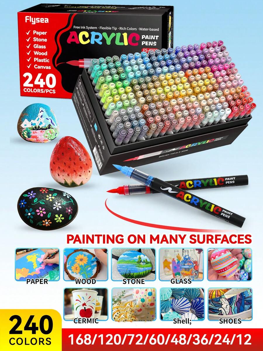 Flysea 12-418 Colors Acrylic Paint Markers, Direct Liquid Automatic Ink Control Acrylic Paint Pens, Drawing Graffiti Markers, Multi-Color Writing Diary Marking Pens, Character Cartoon Felt Tip Stationery Set, Richer Ink, Stackable Colors, Strong Coverage, Suitable For Canvas, Rock Painting, Wood, Stone, Glass, Ceramic, Fabric Painting, DIY Crafts, Back To School Supplies, Gifts For Artists And Students - Multicolor - View 1