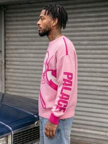 BLACKTOEXIT Men's Pink Contrast Color Crew Neck Sweater, Cartoon Tennis Character Jacquard Sleeve Letter Loose Casual Knit Pullover - Pink - View 3