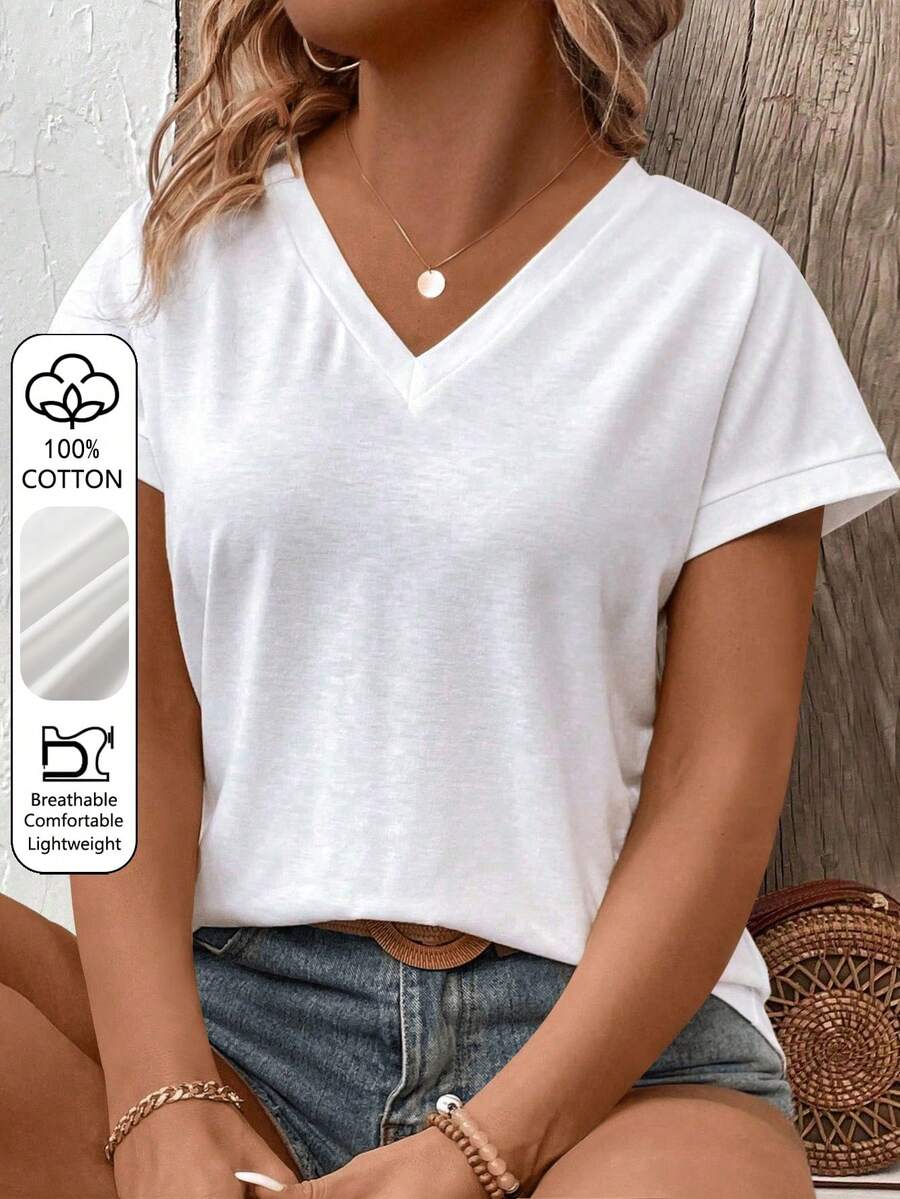 Women Casual V-Neck Short Sleeve Patchwork Cuff T-Shirt, Versatile Style For Spring And Summer 100Cotton - White - View 1